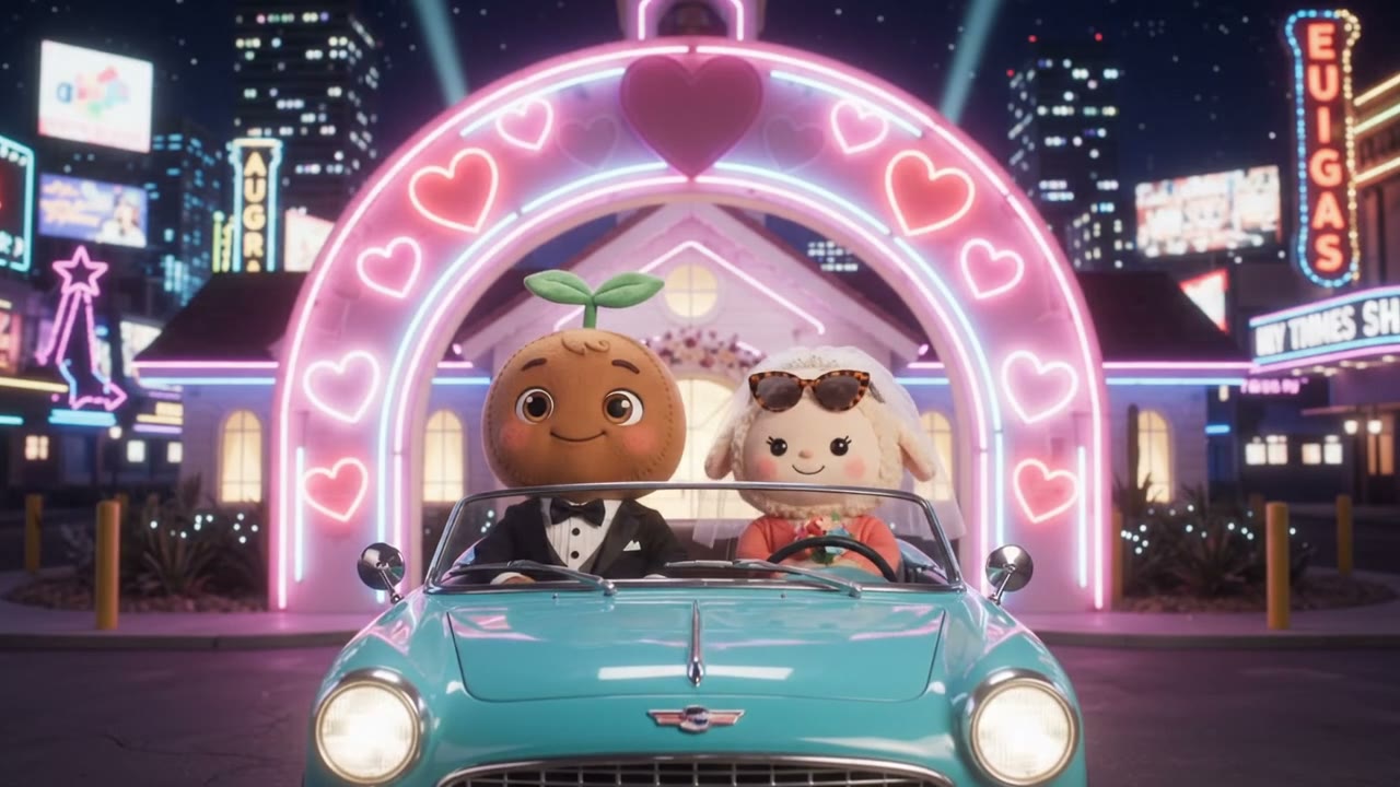 Pippin in a tuxedo at a glowing Las Vegas wedding chapel
