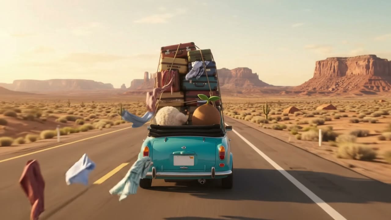 The convertible buried under a tower of suitcases, clothes flying off behind it